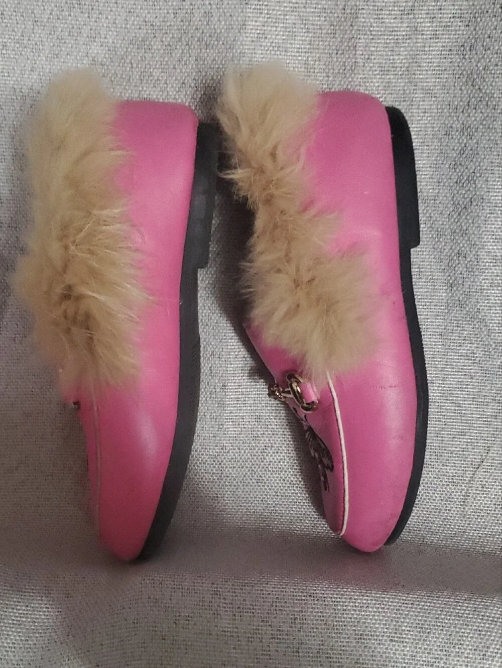 Lola+The Boys: Pink Embroidered Bee Fur-Trim Slip-On Loafers